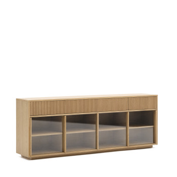 Helvine sideboard with 4 doors and 4 drawers, oak veneer and tempered glass, 200x80cm, FSC 100%