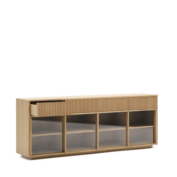 Helvine sideboard with 4 doors and 4 drawers, oak veneer and tempered glass, 200x80cm, FSC 100%