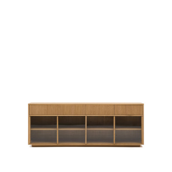 Helvine sideboard with 4 doors and 4 drawers, oak veneer and tempered glass, 200x80cm, FSC 100%