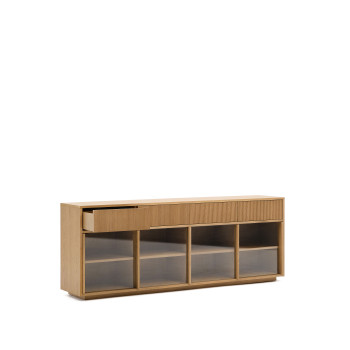 Helvine sideboard with 4 doors and 4 drawers, oak veneer and tempered glass, 200x80cm, FSC 100%