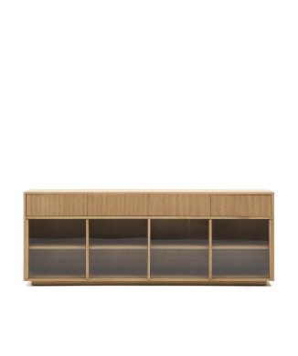 Helvine sideboard with 4 doors and 4 drawers, oak veneer and tempered glass, 200x80cm, FSC 100%