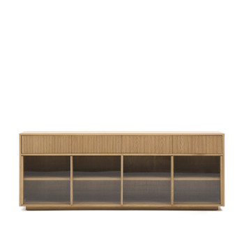Helvine sideboard with 4 doors and 4 drawers, oak veneer and tempered glass, 200x80cm, FSC 100%