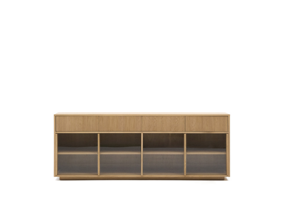 Helvine sideboard with 4 doors and 4 drawers, oak veneer and tempered glass, 200x80cm, FSC 100%