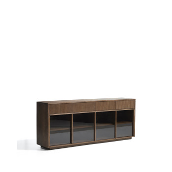 Helvine sideboard with 4 doors and 4 drawers in ash veneer with walnut finish and tempered glass 200 x 80 cm FSC 100%