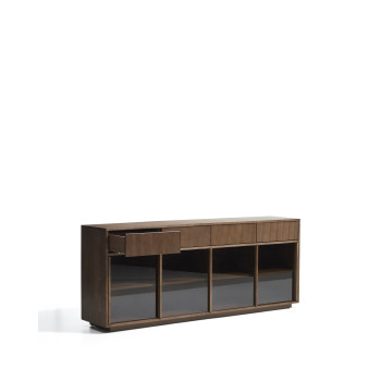 Helvine sideboard with 4 doors and 4 drawers in ash veneer with walnut finish and tempered glass 200 x 80 cm FSC 100%