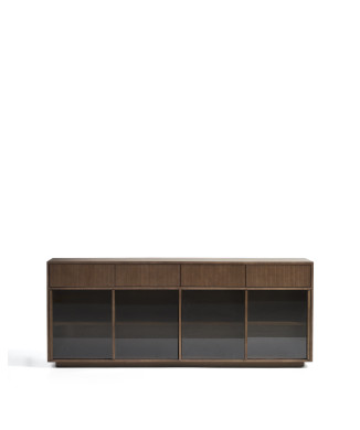 Helvine sideboard with 4 doors and 4 drawers in ash veneer with walnut finish and tempered glass 200 x 80 cm FSC 100%