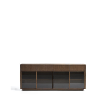 Helvine sideboard with 4 doors and 4 drawers in ash veneer with walnut finish and tempered glass 200 x 80 cm FSC 100%