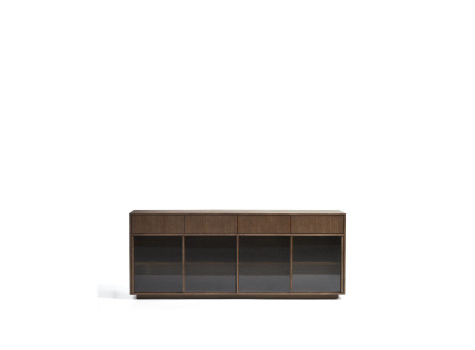 Helvine sideboard with 4 doors and 4 drawers in ash veneer with walnut finish and tempered glass 200 x 80 cm FSC 100%