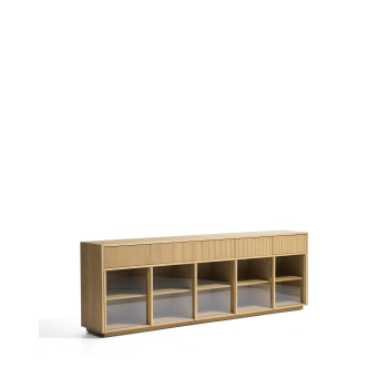 Helvine sideboard with 5 doors and 5 drawers in oak veneer and tempered glass 242 x 80 cm FSC 100%