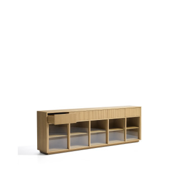Helvine sideboard with 5 doors and 5 drawers in oak veneer and tempered glass, 242 x 80 cm, FSC 100%