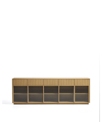 Helvine sideboard with 5 doors and 5 drawers in oak veneer and tempered glass 242 x 80 cm FSC 100%