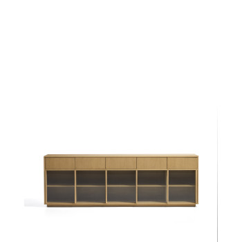 Helvine sideboard with 5 doors and 5 drawers in oak veneer and tempered glass 242 x 80 cm FSC 100%