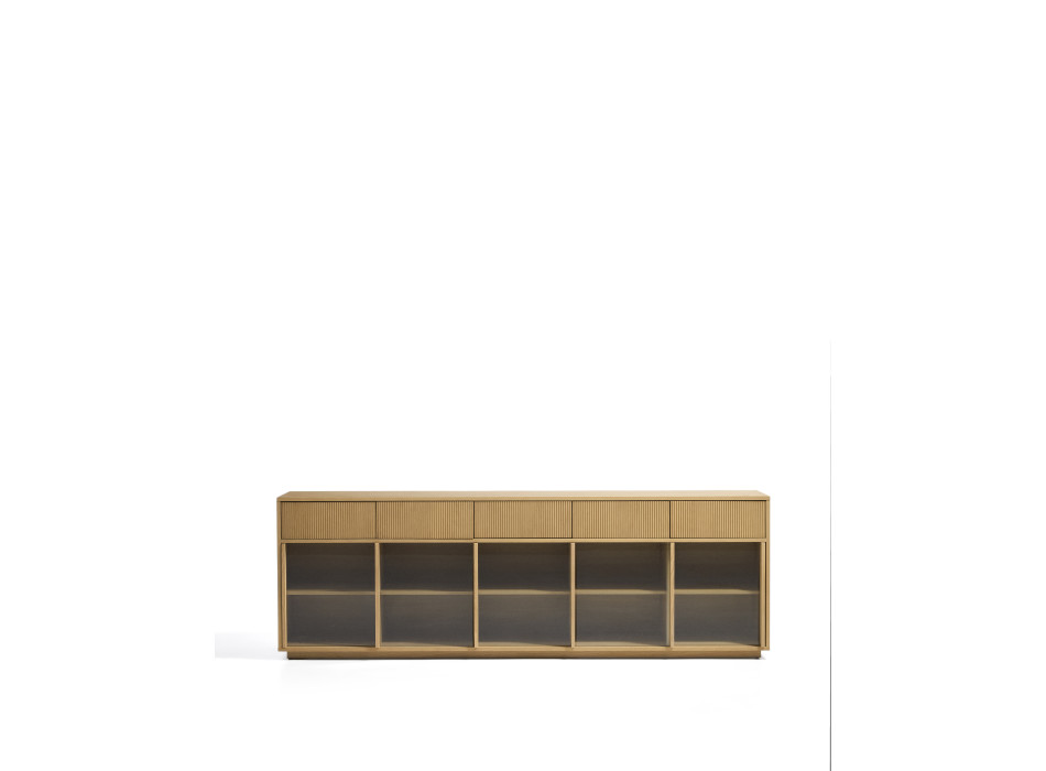 Helvine sideboard with 5 doors and 5 drawers in oak veneer and tempered glass 242 x 80 cm FSC 100%