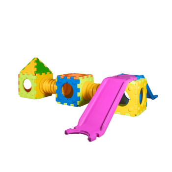 Cubic toy model e- modular game with 1 small slide-ladder, 2 cubes and 1 house.