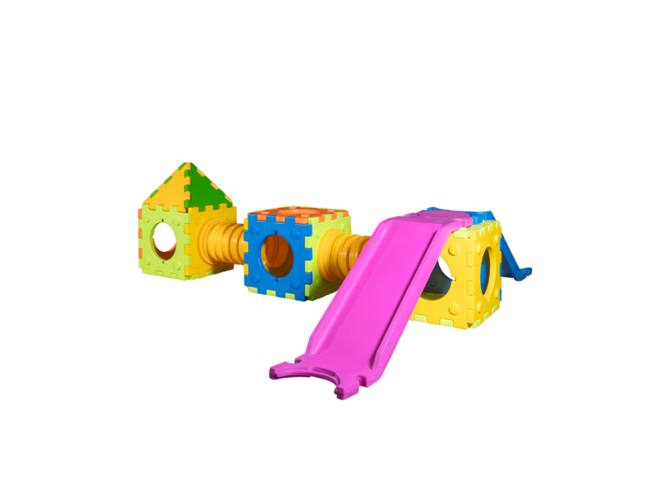 Cubic toy model e- modular game with 1 small slide-ladder, 2 cubes and 1 house.