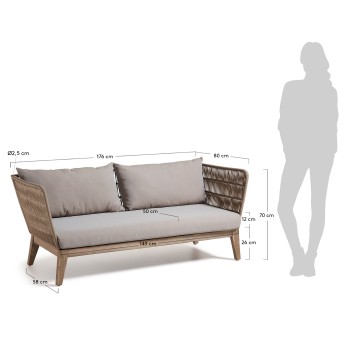 Belleny 3 seater sofa in beige rope and solid wood with white patina rope