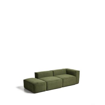 Blok 3-seater sofa with left armrest and end pouf in thick green corduroy, 270 cm FSC Mix Credit