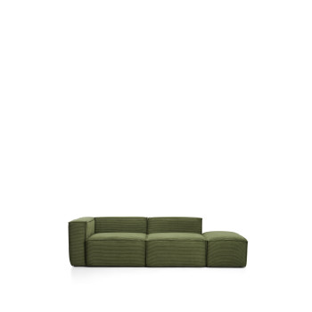 Blok 3-seater sofa with left armrest and end pouf in thick green corduroy, 270 cm FSC Mix Credit