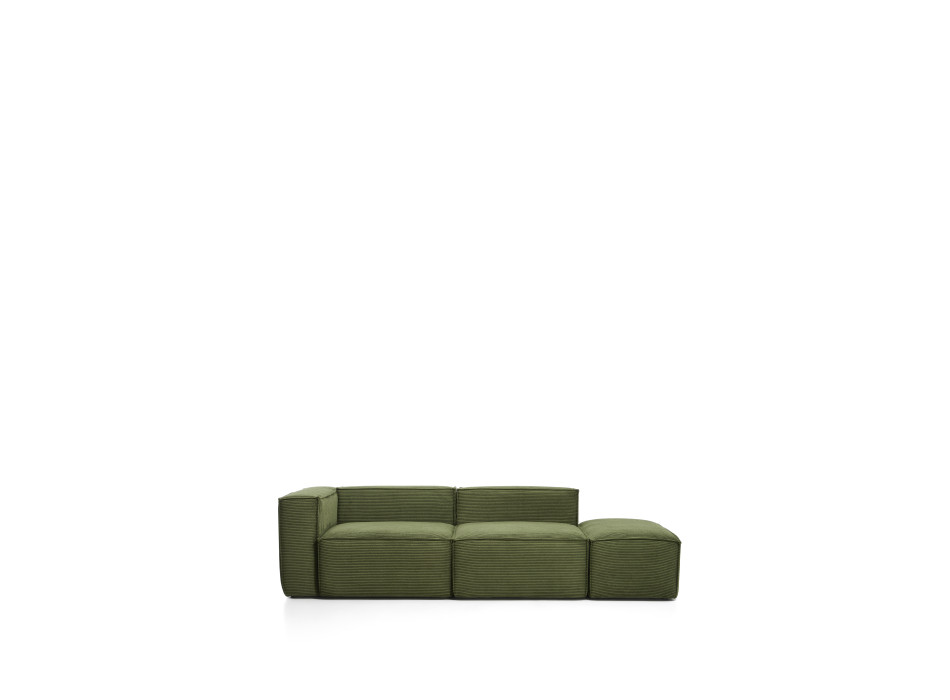 Blok 3-seater sofa with left armrest and end pouf in thick green corduroy, 270 cm FSC Mix Credit