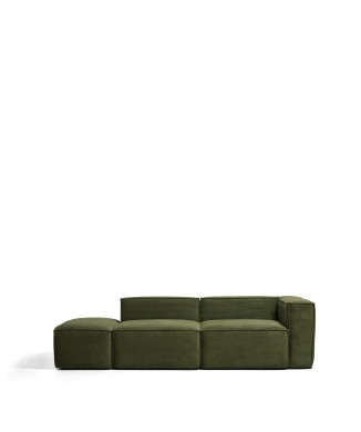 Blok 3-seater sofa with left armrest and end pouf in thick green corduroy, 270 cm FSC Mix Credit