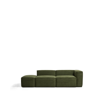 Blok 3-seater sofa with left armrest and end pouf in thick green corduroy, 270 cm FSC Mix Credit