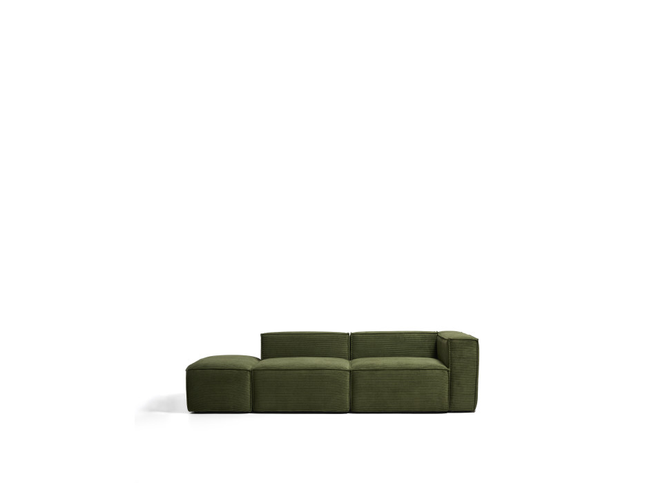 Blok 3-seater sofa with left armrest and end pouf in thick green corduroy, 270 cm FSC Mix Credit