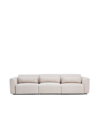 Lares 5-seater sofa with motorized sliding seats and reclining headrest in beige chenille 335 cm