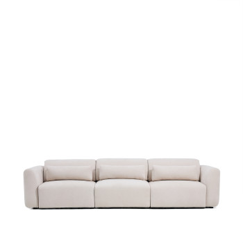 Lares 5-seater sofa with motorized sliding seats and reclining headrest in beige chenille 335 cm
