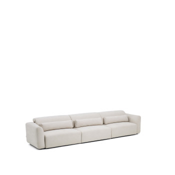 Lares 6-seater sofa with motorized sliding seats and reclining headrest in beige chenille 410 cm