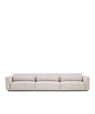 Lares 6-seater sofa with motorized sliding seats and reclining headrest in beige chenille 410 cm