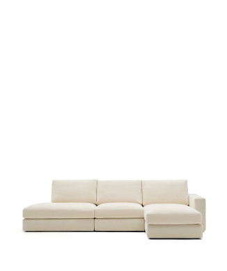 Alea 5-seater modular sofa with removable chenille cover, right chaise longue, ecru, 340 cm