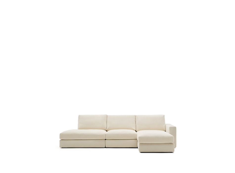 Alea 5-seater modular sofa with removable chenille cover, right chaise longue, ecru, 340 cm