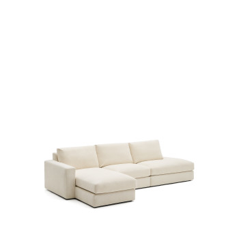 Alea 5-seater modular sofa with removable chenille cover, left chaise longue, ecru, 340 cm