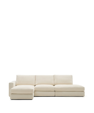 Alea 5-seater modular sofa with removable chenille cover, left chaise longue, ecru, 340 cm