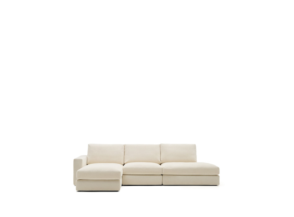 Alea 5-seater modular sofa with removable chenille cover, left chaise longue, ecru, 340 cm