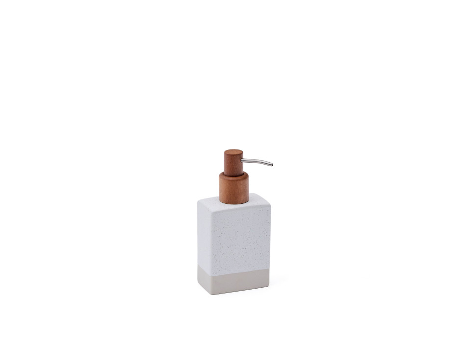 Careli soap dispenser in beige stoneware and acacia wood