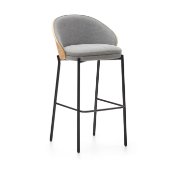 Eamy stool in beige synthetic leather, ash veneer, natural finish, 77 cm