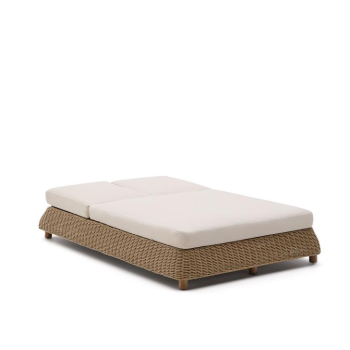 Meria double sun lounger in synthetic rattan and 100% FSC solid acacia wood legs