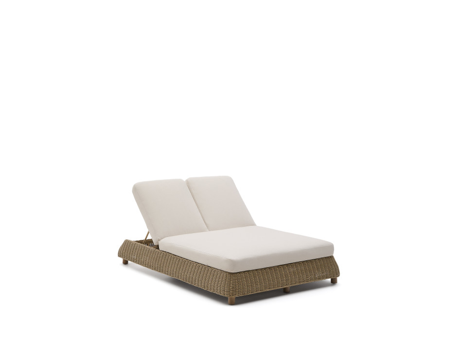 Meria double sun lounger in synthetic rattan and 100% FSC solid acacia wood legs