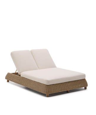 Meria double sun lounger in synthetic rattan and 100% FSC solid acacia wood legs