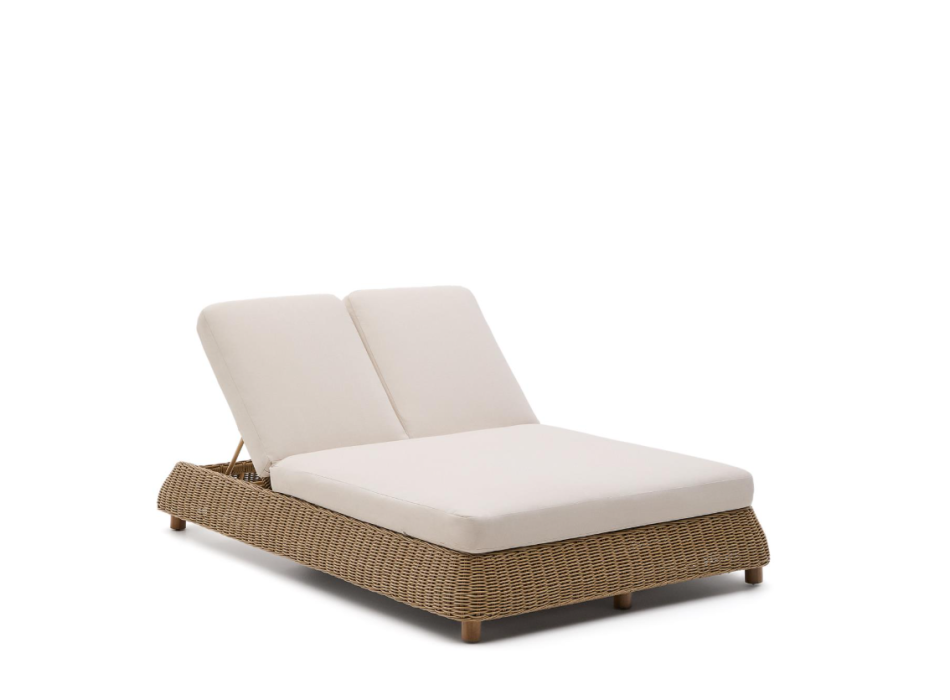 Meria double sun lounger in synthetic rattan and 100% FSC solid acacia wood legs