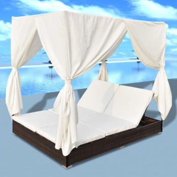 Sunbed with Brown Polyrattan Curtains