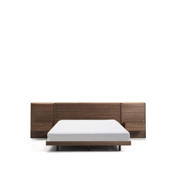 Norlen bed with 2 bedside tables in walnut veneer with dark finish and LED light for mattress 160 x 200 cm FSC Mix Credit