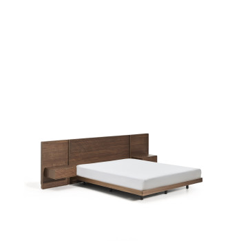 Norlen bed with 2 bedside tables in walnut veneer with dark finish and LED light for mattress 160 x 200 cm FSC Mix Credit