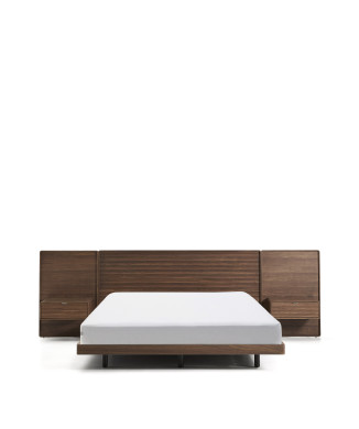 Norlen bed with 2 bedside tables in walnut veneer with dark finish and LED light for mattress 160 x 200 cm FSC Mix Credit