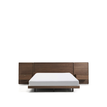 Norlen bed with 2 bedside tables in walnut veneer with dark finish and LED light for mattress 160 x 200 cm FSC Mix Credit