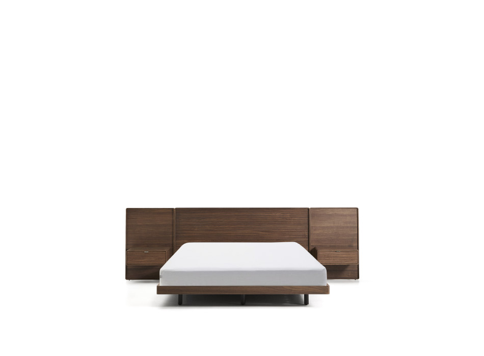 Norlen bed with 2 bedside tables in walnut veneer with dark finish and LED light for mattress 160 x 200 cm FSC Mix Credit