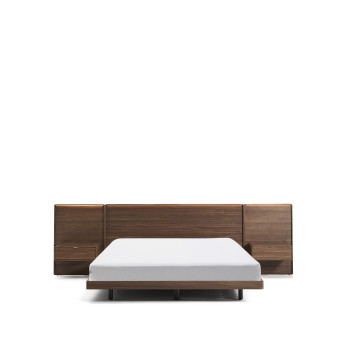 Norlen bed with 2 bedside tables in walnut veneer with dark finish and LED light for mattress 180 x 200 cm FSC Mix Credit