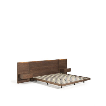 Norlen bed with 2 bedside tables in walnut veneer with dark finish and LED light for mattress 180 x 200 cm FSC Mix Credit