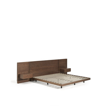 Norlen bed with 2 bedside tables in walnut veneer with dark finish and LED light for mattress 180 x 200 cm FSC Mix Credit